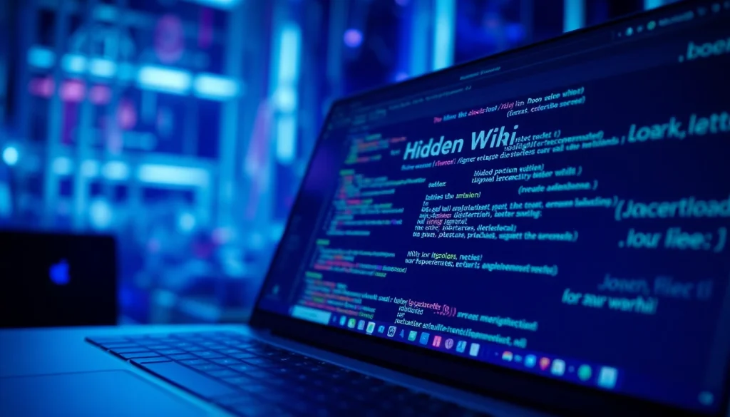 Explore the Hidden Wiki interface amidst a dark, mysterious digital landscape, symbolizing anonymity and connection.