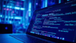 Explore the Hidden Wiki interface amidst a dark, mysterious digital landscape, symbolizing anonymity and connection.