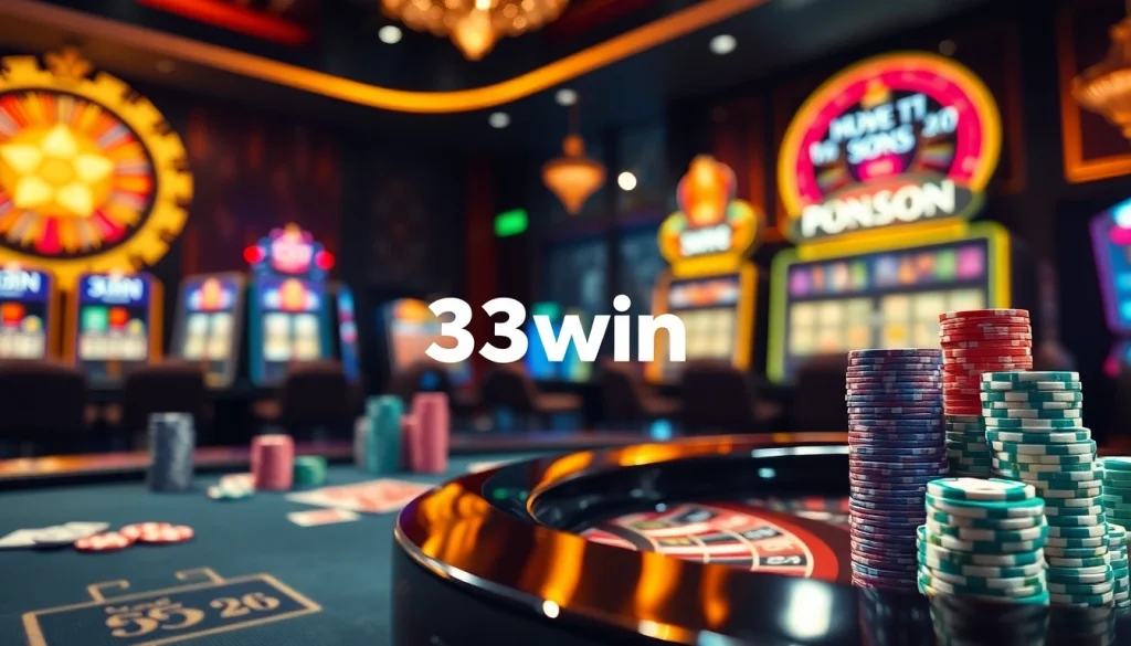 Experience the thrill of betting at 33win with vibrant casino elements like poker chips and a roulette wheel.