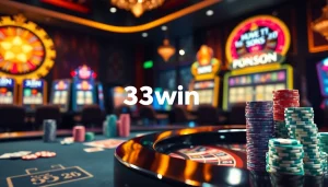 Experience the thrill of betting at 33win with vibrant casino elements like poker chips and a roulette wheel.