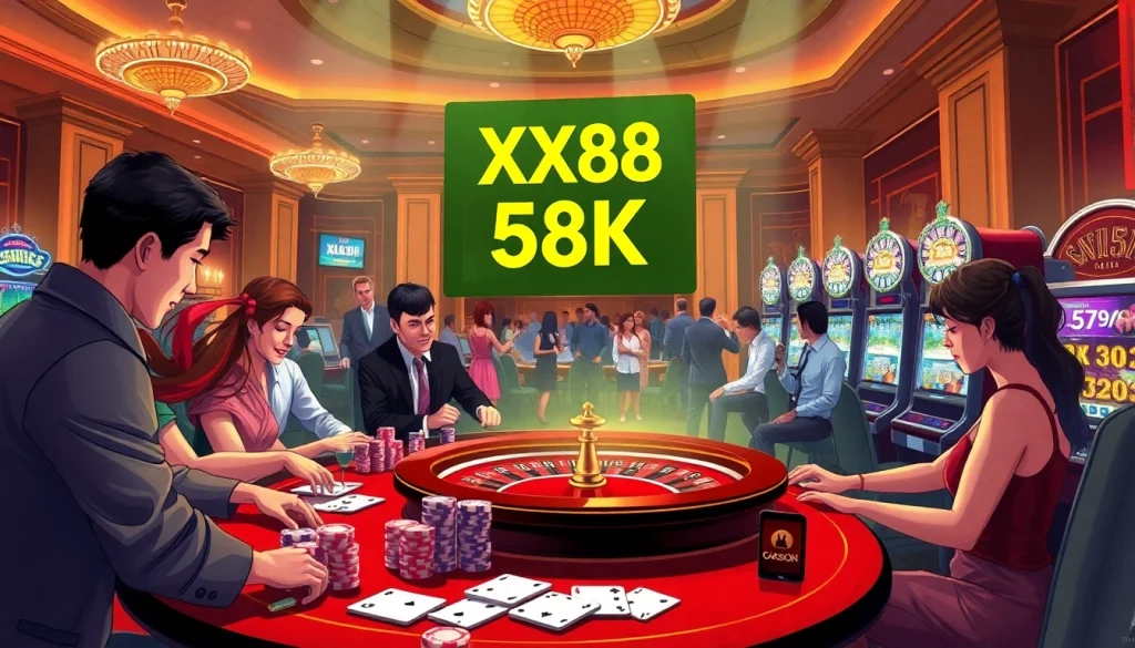 Players enjoying a luxurious casino atmosphere with the promotional banner 'XX88 58K' displayed prominently.