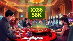 Players enjoying a luxurious casino atmosphere with the promotional banner 'XX88 58K' displayed prominently.