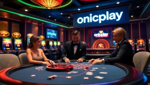 Exciting poker action and vibrant slot machines highlighting onicplay in a luxurious casino atmosphere.