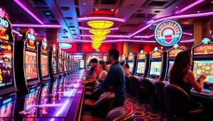 Engaged players enjoying idn slot machines in a vibrant casino atmosphere.