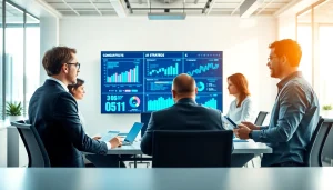 Team strategizing SME AI consulting services in a modern office setting with data visualizations.