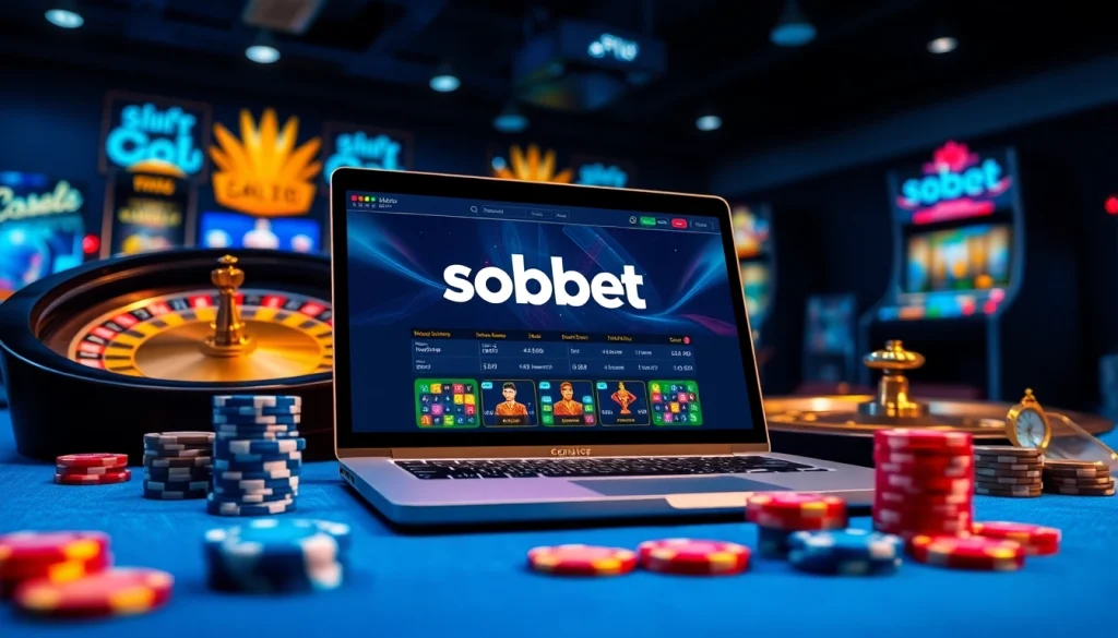 Sbobet betting interface showcased alongside luxury casino props enhances online gambling excitement.