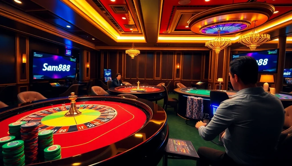 Man88 casino scene with luxurious tables and vibrant poker chips encouraging high-stakes play.