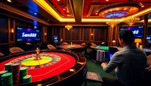 Man88 casino scene with luxurious tables and vibrant poker chips encouraging high-stakes play.