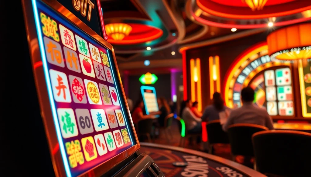 Mainkan demo slot Mahjong yang mendebarkan di tengah suasana kasino yang ramai penuh dengan kegembiraan.