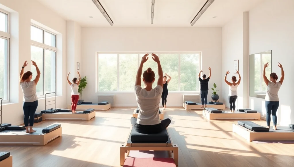 台東区（東京）でのダイナミックなピラティスのクラス。現代的なスタジオと多様な参加者がトレーニングに取り組んでいる様子。