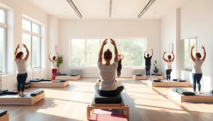 台東区（東京）でのダイナミックなピラティスのクラス。現代的なスタジオと多様な参加者がトレーニングに取り組んでいる様子。