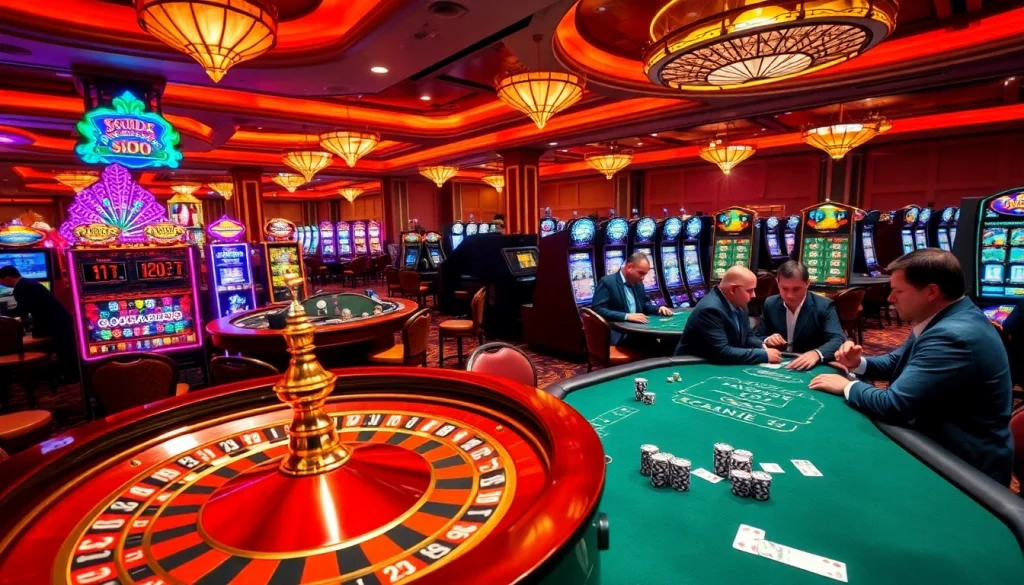 SODO Casino showcases an exciting gaming environment with roulette, poker, and vibrant lights.