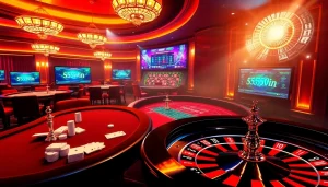 Experience the thrill of high-stakes gaming with 555win at a luxurious casino table filled with chips and cards.