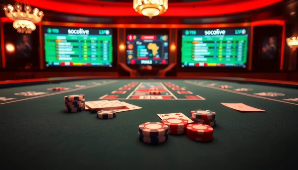 Socolive enhances the thrill of gambling with vibrant casino visuals featuring poker chips and cards.