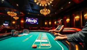 Experience the thrill of online gambling with rikvip at a stylish casino table.