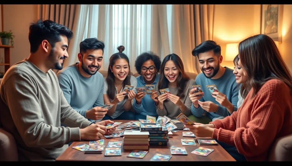 ポケモンカードを使ったゲームナイトで、友人たちが「どこでもオリパ評判」を楽しんでいる場面。