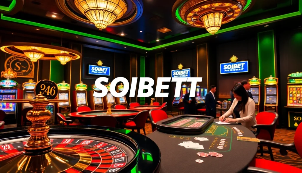 Engaging scene of players enjoying SOIBET gaming at luxurious casino tables with cards and chips.