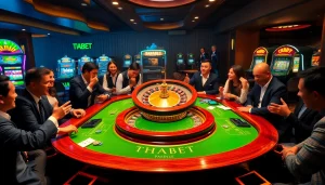 High-energy gamblers enjoying THABET table games amidst vibrant casino atmosphere.