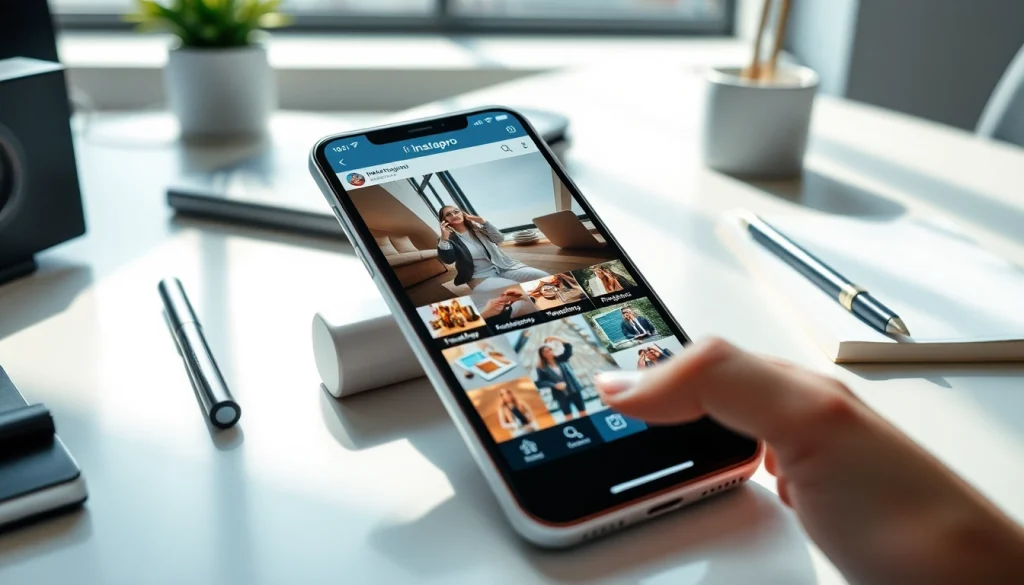 instapro app interface displayed on a modern smartphone in a stylish workspace.