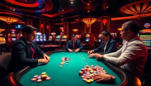 Action-packed gaming scene at 789f casino with players at card tables and vibrant slots.