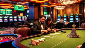 Players enjoying an intense game at a KKWIN casino table, showcasing vibrant poker chips and cards.