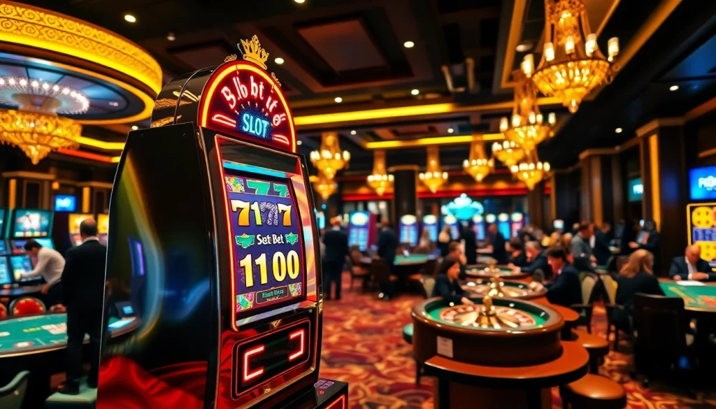 Pemain yang antusias terlibat dalam suasana kasino yang mendebarkan dengan sorotan pada mesin Slot Bet 100.