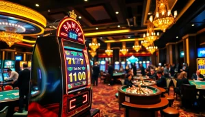 Pemain yang antusias terlibat dalam suasana kasino yang mendebarkan dengan sorotan pada mesin Slot Bet 100.