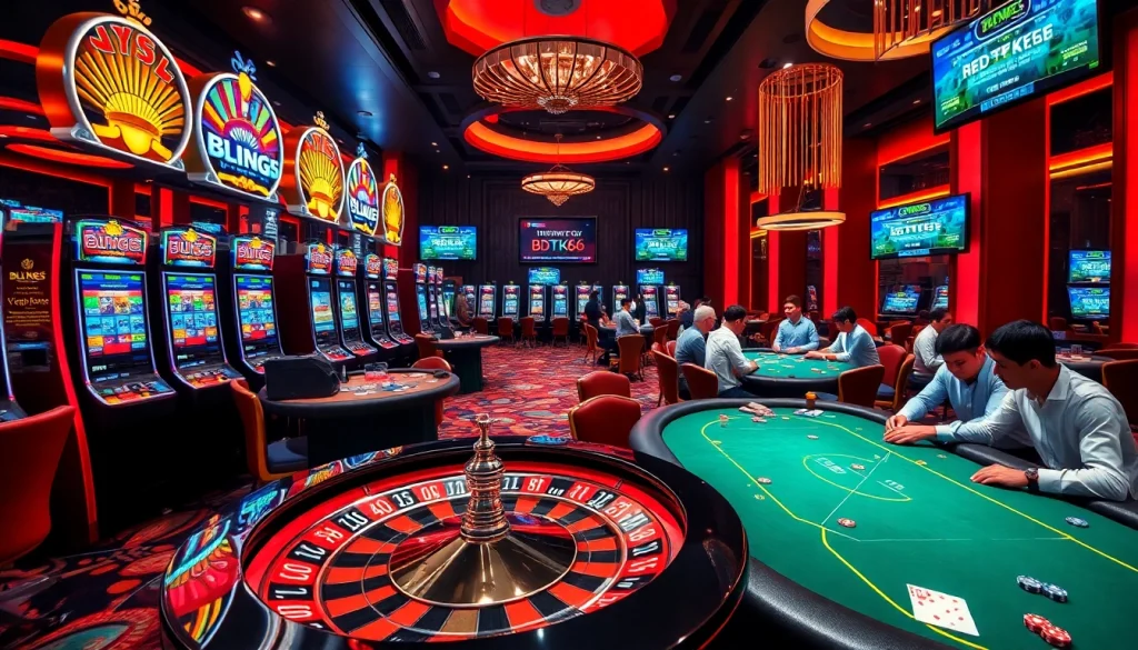 Join the thrilling action of BDTK666 at a bustling casino table with vibrant slot machines.