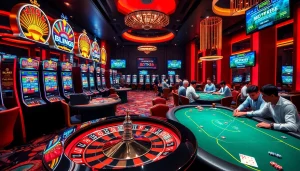 Join the thrilling action of BDTK666 at a bustling casino table with vibrant slot machines.