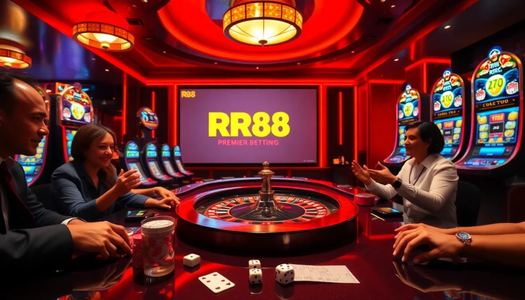 Players engaging in high-stakes poker at RR88 casino, surrounded by vibrant slot machines and roulette.