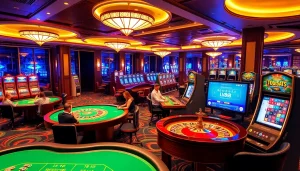 Gamblers enjoying an exciting game at nhà cái lv88 casino featuring vibrant tables and slot machines.