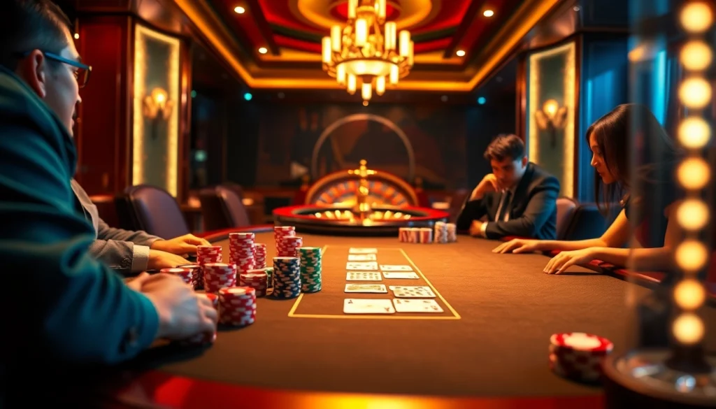 Experience excitement playing poker and roulette at a lavish casino, showcasing chơi game mmoo.