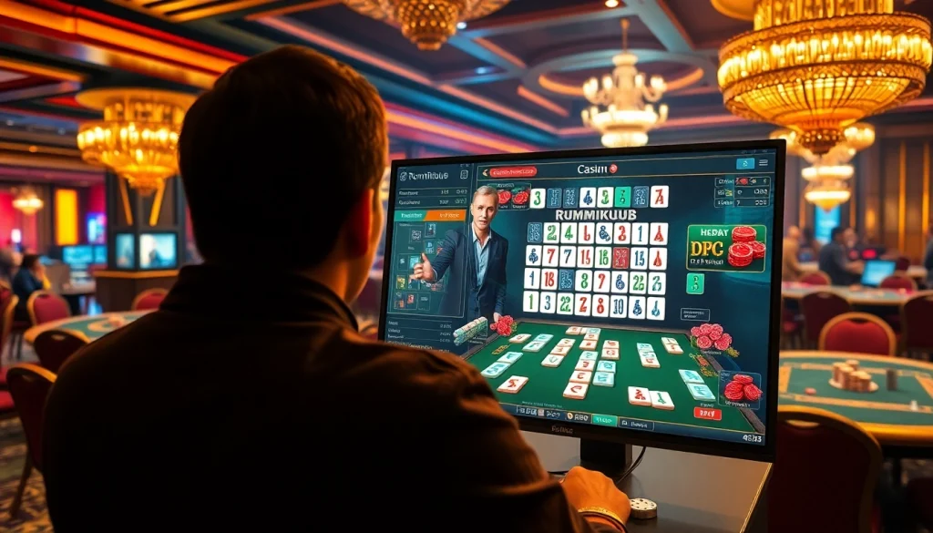 Experience רמיקוב אונליין excitement in a vibrant casino with players enjoying a digital game.