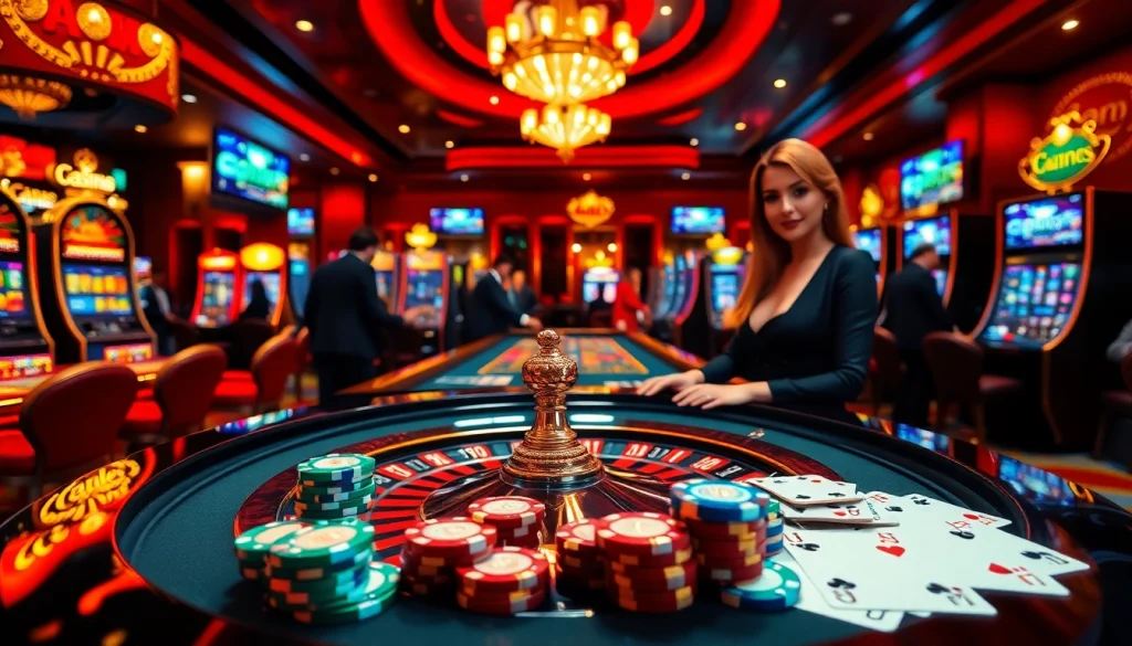 Experience the thrill of gem ev88 at an elegant casino, with roulette and vibrant slot machines.