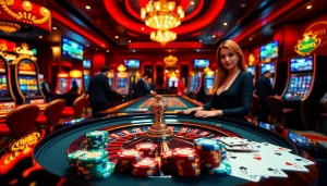 Experience the thrill of gem ev88 at an elegant casino, with roulette and vibrant slot machines.