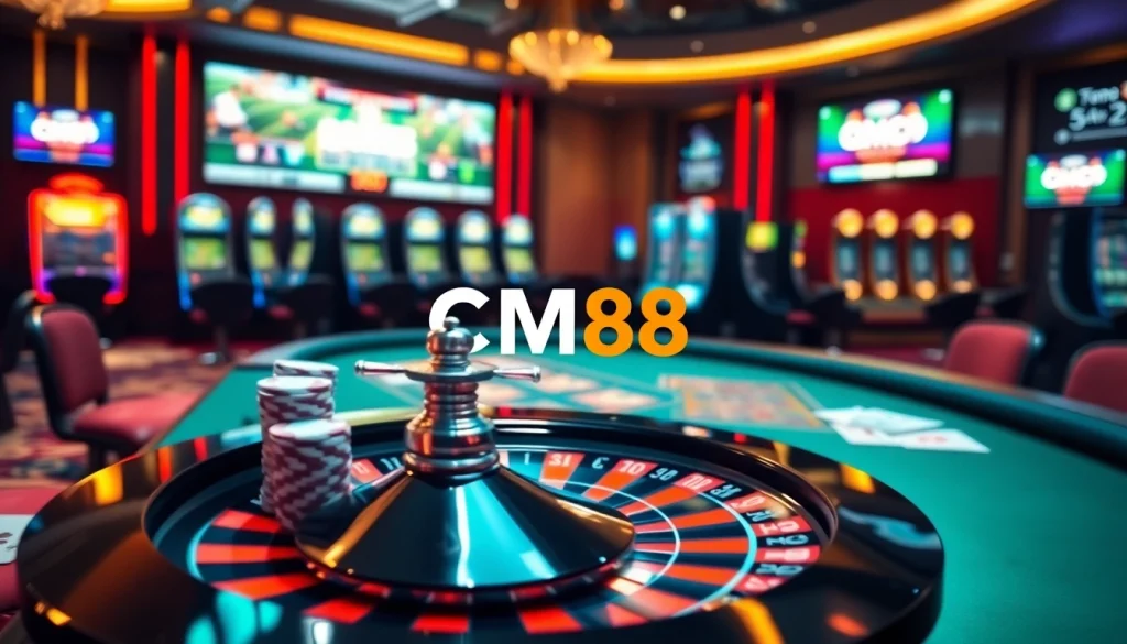 Experience high-stakes action with CM88 at a luxurious casino featuring poker chips and a roulette wheel.