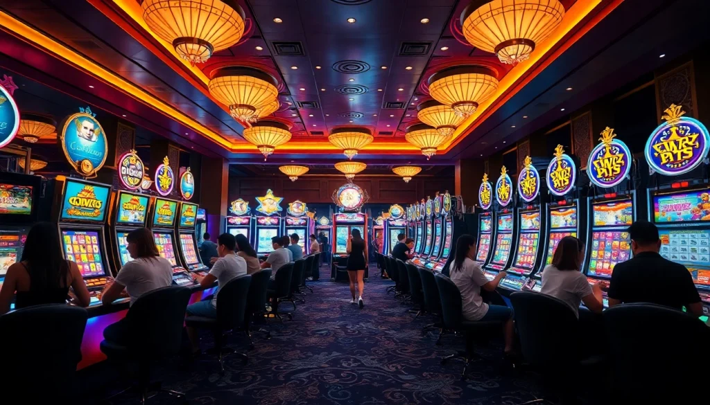 Experience the thrill of slot gacor hari ini with vibrant casino visuals, featuring excited players and jackpots.