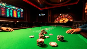 Topclub players engage in an intense poker game with colorful chips and a roulette wheel.