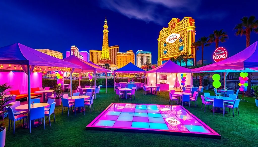Las Vegas Party Rentals showcase vibrant tents and festive decor in a lively outdoor setting.