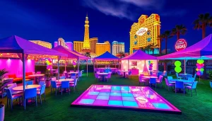 Las Vegas Party Rentals showcase vibrant tents and festive decor in a lively outdoor setting.