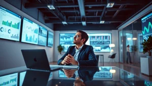 Marketing Consultant devising strategies in a modern office with analytics on display.