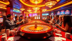 Experience high-stakes excitement with FLY88's vibrant casino atmosphere featuring roulette, poker chips, and slot machines.