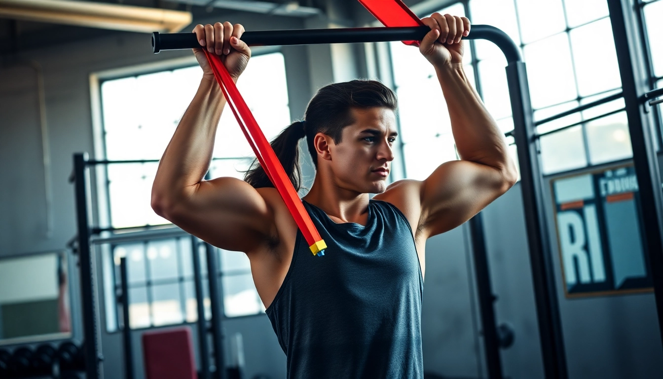 Fitness enthusiast using assisted pull-up bands in a bright gym setting, demonstrating strength training.