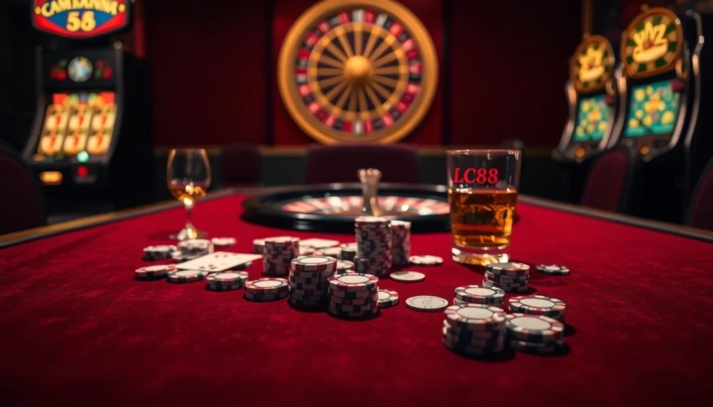 LC88 casino scene with poker chips, cards, and a roulette wheel enhancing the gambling experience.